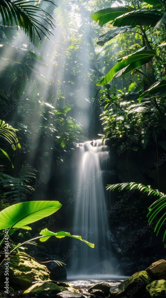Poster a waterfall is surrounded by lush green trees and plants. the sunlight is shining on the waterfall, 