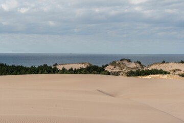 Vast sandy area framed with a line of green trees and sea in the distance