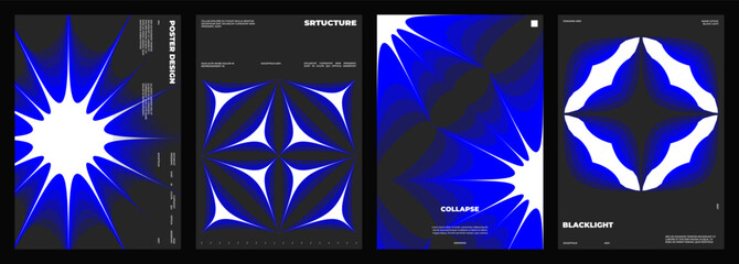 Set of four posters design. Vertical A4 format. Vector banner with neon illustration. Vector blue light abstract art.