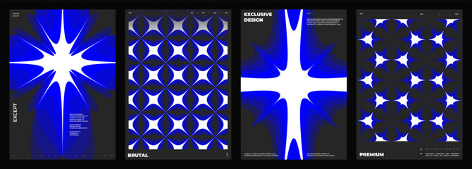 Set of four posters design. Vertical A4 format. Vector banner with neon illustration. Vector blue light abstract art.