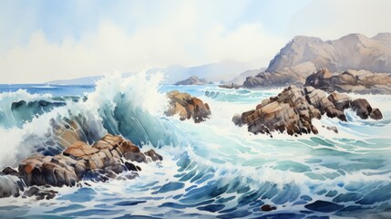 Obraz premium Generative AI Rugged coastlines with crashing waves. aquarelle