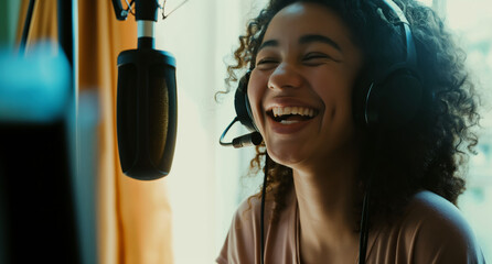 Cheerful young woman with headphones is seen laughing heartily during a podcast recording session, highlighting a moment of genuine happiness while engaging with listeners