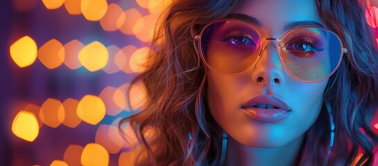 A beautiful woman with long curly hair and colorful sunglasses posing in front of an explosion of bright lights, wearing bold makeup and a fashionable outfit, capturing the essence of retro fashion