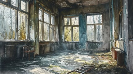 Generative AI Ruins of Pripyat near Chernobyl, overgrown amusement park, ghostly atmosphere, desolation, atmospheric watercolor depiction
