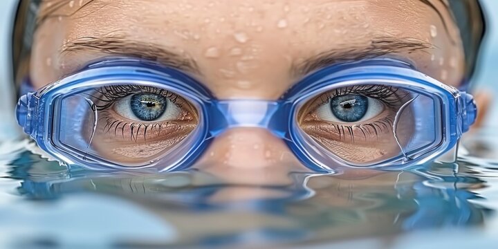 Close-Up of a Olympic Swimmer Wearing Goggles, Capturing the Intensity, Focus, and Determination of Competitive Swimming in Action, Generative AI