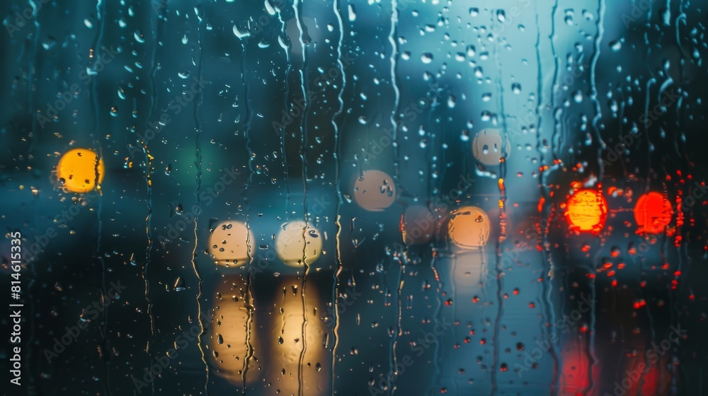 Poster a blurry image of a city street with raindrops on the window. the lights of the city are reflected i