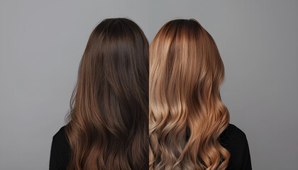 Fototapeta premium Photo of woman divided into halves before and after hair treatment on grey background, back view
