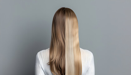 Fototapeta premium Photo of woman divided into halves before and after hair treatment on grey background, back view
