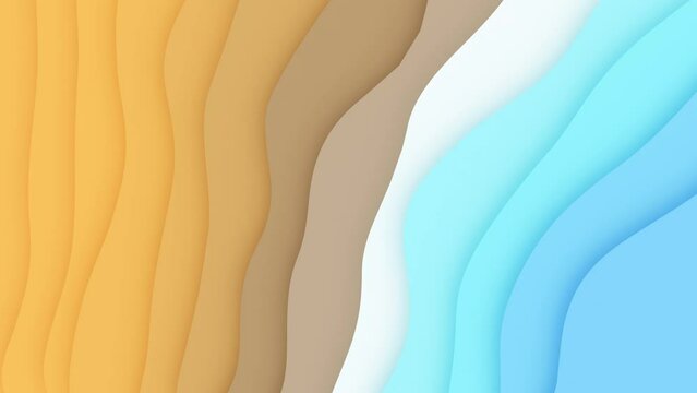 3d animation - Abstract background of sea waves on a beach animated in a loop with paper cutout style