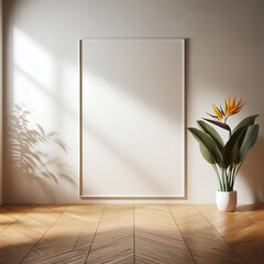sfondo bianco di interno con luce proveniente da una finestra su parete vuota e pavimento in legno, pianta strelitzia con fiore in vaso bianco con spazio vuoto cornice presentazione prodotto