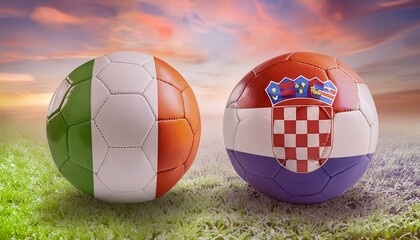 two football balls adorned in the colors of the Italy and Croatia flags, symbolizing the excitement and anticipation of a thrilling match