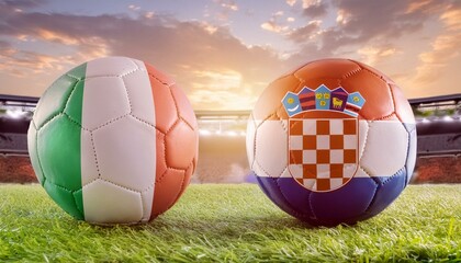 two football balls adorned in the colors of the Italy and Croatia flags, symbolizing the excitement and anticipation of a thrilling match