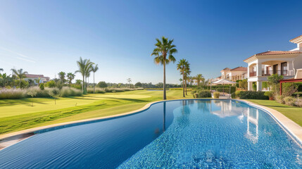 A pool with a palm tree in the background