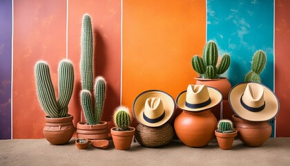 vibrant composition featuring a variety of cacti, a stylish hat, and rustic pottery arranged against a colorful background, epitomizing southwestern charm