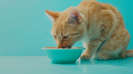 Tubby red ginger Cat eating cat food from a bowl, on a pastel blue background. Kitty nutrition, feline treats.