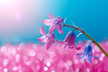 Light purple flowers in front of blurred pink background with sparkles.