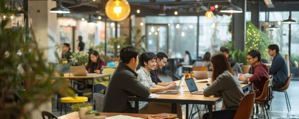 A bustling café with people working and socializing, laptops open, under warm lighting; suitable for business or networking event settings.