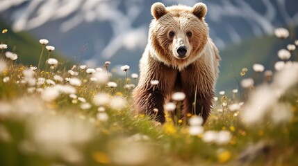 Obraz premium Majestic brown bear roaming through a picturesque landscape of cotton grass, its powerful presence contrasting beautifully with the delicate white tufts. 