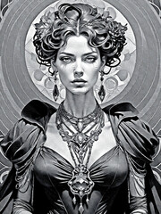 fantasy queen, engraving effect, generative ai illustration