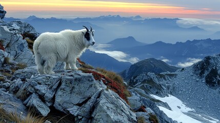 A mountain goat stands on a rocky peak overlooking a beautiful landscape
