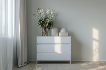 White modern dresser minimalistic furniture in empty room on grey wall background, small cupboard with decor, vases and lily of the valley flowers bouquet, cozy apartment house interior concept