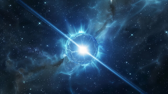 Pulsar star in space. Space visualization. Pulsar type, ray of blue star in galaxy, universe, sky. Astronomical illustration

