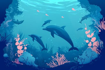 Obraz premium イルカ、魚、海藻の水中背景