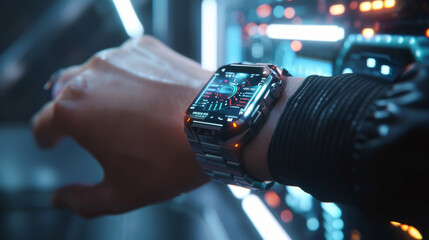 A person is wearing a smart watch that is displaying a red and green screen