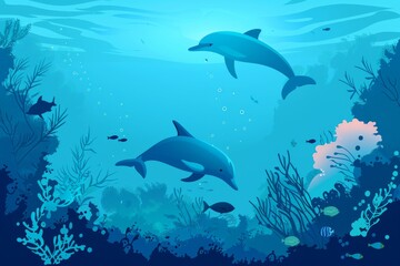 Fototapeta premium イルカ、魚、海藻の水中背景