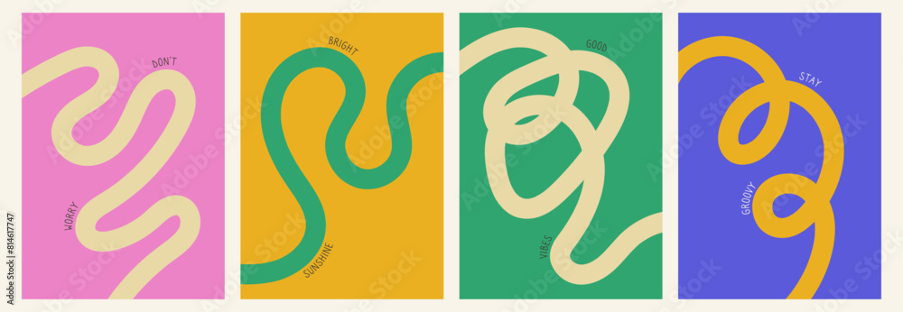 Wall mural set of color abstract banner with curvy line and motivational phrase. background with scribble squig