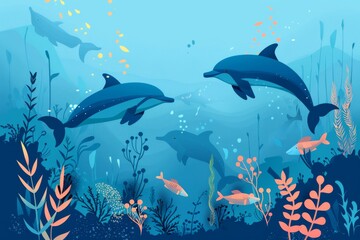 Obraz premium イルカ、魚、海藻の水中背景
