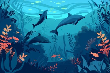 Obraz premium イルカ、魚、海藻の水中背景