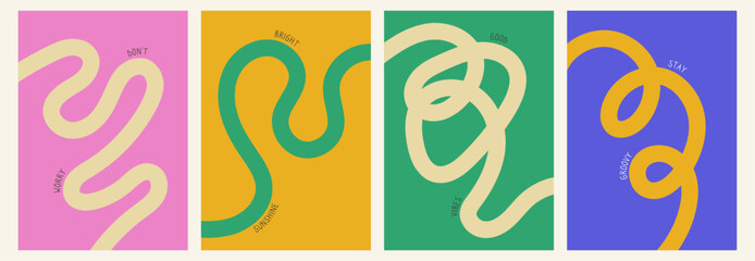Set of color abstract banner with curvy line and motivational phrase. Background with scribble squiggle. Wave line art © Nastya
