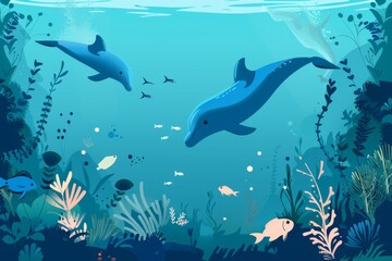 Fototapeta premium イルカ、魚、海藻の水中背景