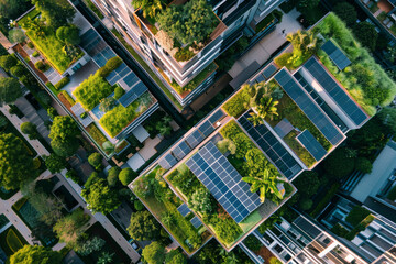 A cityscape with a lot of green roofs and trees