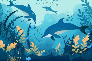 イルカ、魚、海藻の水中背景