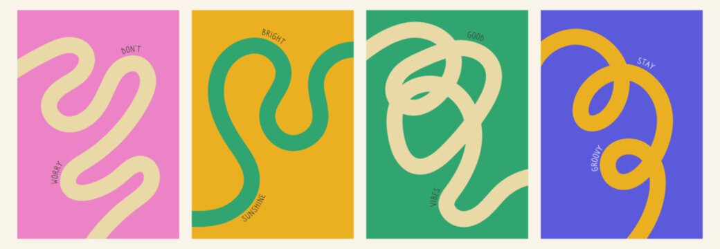 Set of color abstract banner with curvy line and motivational phrase. Background with scribble squiggle. Wave line art