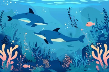 Obraz premium イルカ、魚、海藻の水中背景