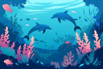 Obraz premium イルカ、魚、海藻の水中背景