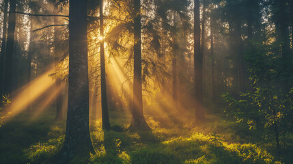 Fototapeta premium Tranquil forest clearing bathed in warm sunlight filtering through the trees