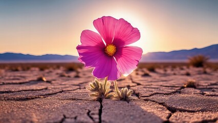 single pink flower is standing in the middle of a rocky desert - Powered by Adobe