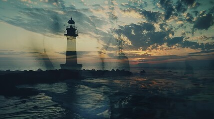 Dusk Lighthouse Silhouette Double Exposure Seascape