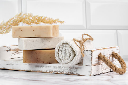 Handcrafted natural soaps display with decorative elements