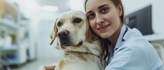A woman in a lab coat, likely a veterinarian, affectionately embraces a golden retriever, suggesting professional pet care in a clinic setting.
