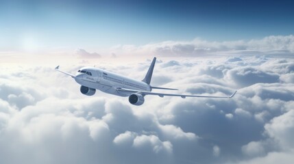 Commercial airplane flying above clouds in the blue sky.