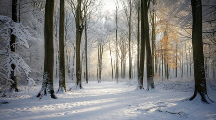 Peaceful woodland glade blanketed in snow basks in the soft glow of a winter sunrise