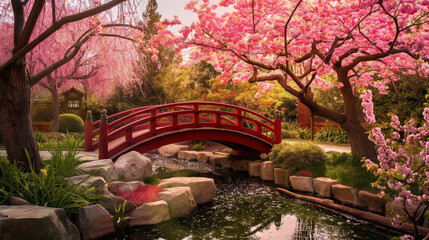 Serene landscape of a vibrant cherry blossom garden featuring a traditional red bridge over a tranquil pond - Powered by Adobe