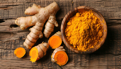 Aromatic turmeric powder and raw roots on wooden table, flat lay