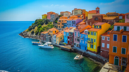 Obraz premium Aerial view of a charming seaside village with colorful houses along the coastline under a clear blue sky