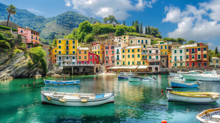 Picturesque view of a quaint seaside town, showcasing colorful buildings and tranquil harbor with boats